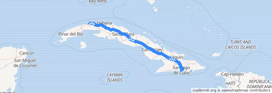 Mapa del recorrido Tren Habana-Santiago de la línea  en Cuba.