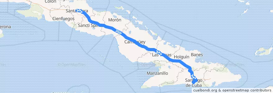 Mapa del recorrido Tren Santa Clara-Santiago de la línea  en Cuba.