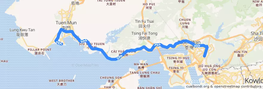 Mapa del recorrido 九巴59A線 KMB 59A (屯門碼頭 Tuen Mun Pier Head → 葵涌道（葵芳邨） Kwai Chung Road (Kwai Fong Estate)) de la línea  en Wilayah Baru.