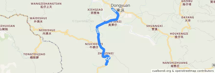 Mapa del recorrido 黃11(繞駛宅子內_往程) de la línea  en Dongshan.