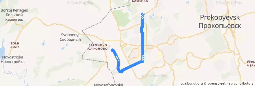 Mapa del recorrido Трамвайный маршрут №4: БТИ – ЦГБ de la línea  en Прокопьевский городской округ.