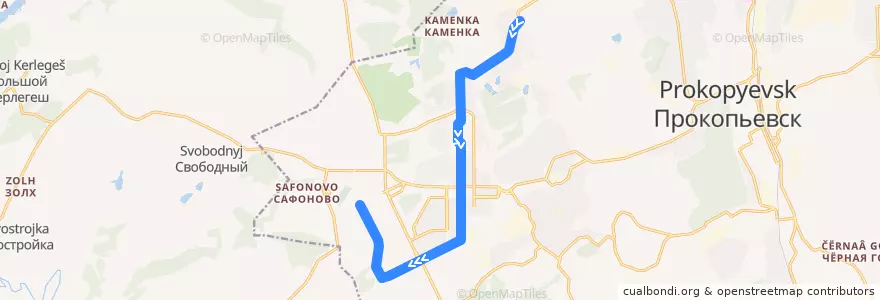 Mapa del recorrido Трамвайный маршрут №5: Прокопьевский разрез – БТИ de la línea  en プロコピエフスキー管区.