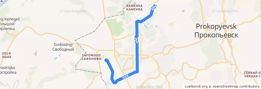 Mapa del recorrido Трамвайный маршрут №9: БТИ – Прокопьевский разрез de la línea  en プロコピエフスキー管区.