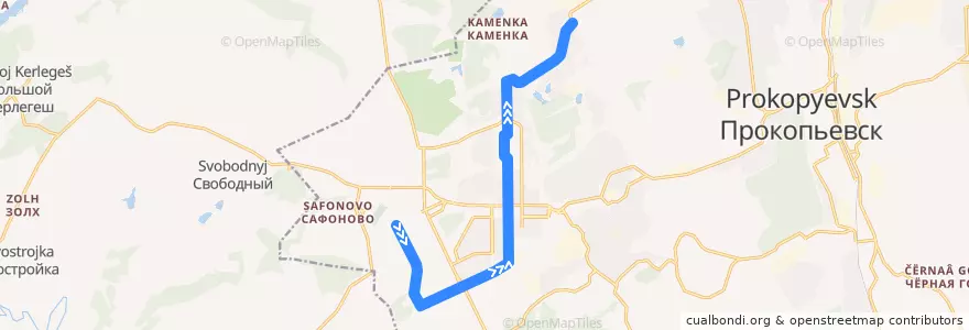 Mapa del recorrido Трамвайный маршрут №9: Прокопьевский разрез – БТИ de la línea  en Prokopyevsk.