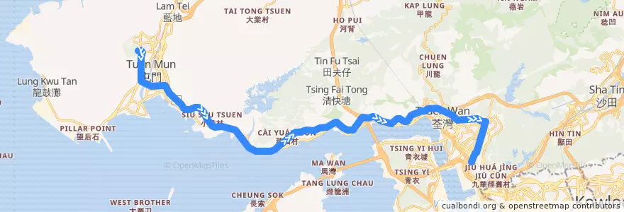 Mapa del recorrido 九巴57M線 KMB 57M (山景 Shan King → 荔景（北） Lai King (North)) de la línea  en 新界 New Territories.
