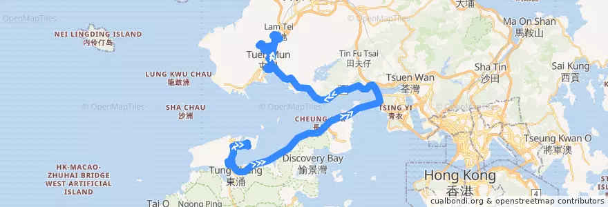Mapa del recorrido 龍運巴士A33X線 Long Win Bus A33X (機場 Airport → 屯門（富泰） Tuen Mun (Fu Tai) (經國泰城 via Cathay City)) de la línea  en Novos Territórios.