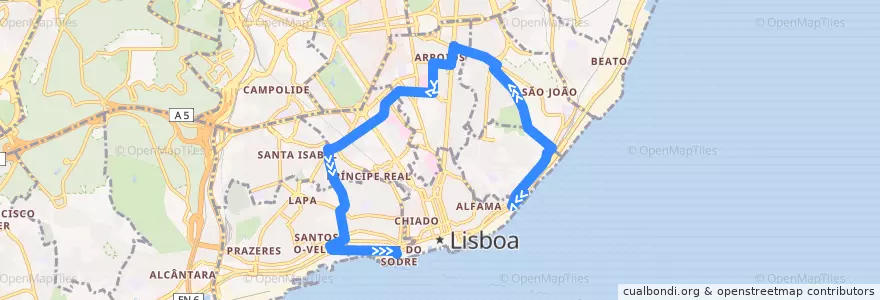 Mapa del recorrido Bus 706: Santa Apolónia → Cais do Sodré de la línea  en Lisboa.