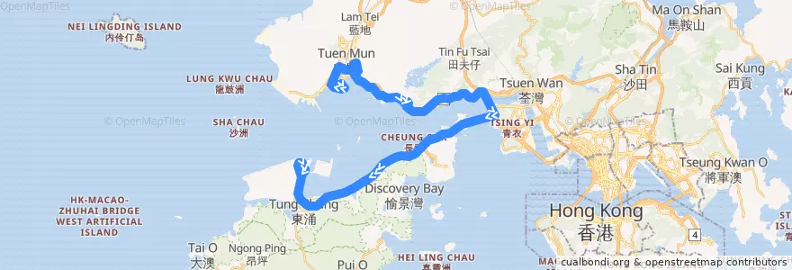 Mapa del recorrido 龍運巴士A33線 Long Win Bus A33 (屯門（悅湖山莊） Tuen Mun (Yuet Wu Villa) → 機場 Airport) de la línea  en Новые Территории.