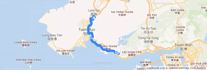 Mapa del recorrido 港鐵巴士K51綫 MTR Bus K51 (大欖 Tai Lam → 富泰 Fu Tai) de la línea  en Tuen Mun District.