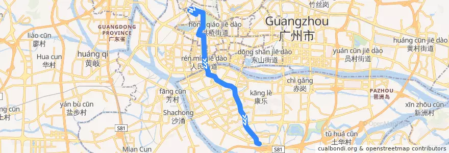 Mapa del recorrido 5路(市客运站总站-海珠客运站总站) de la línea  en Guangzhou City.