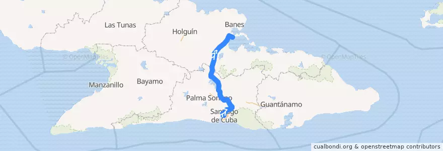 Mapa del recorrido Tren Santiago Antilla de la línea  en Cuba.