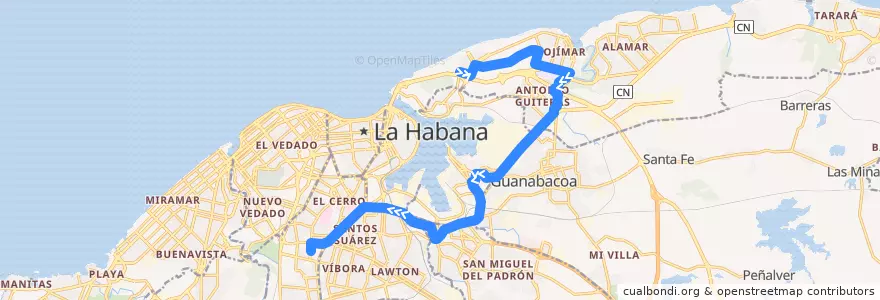 Mapa del recorrido Ruta A32 Habana del Este => Palatino de la línea  en La Habana.