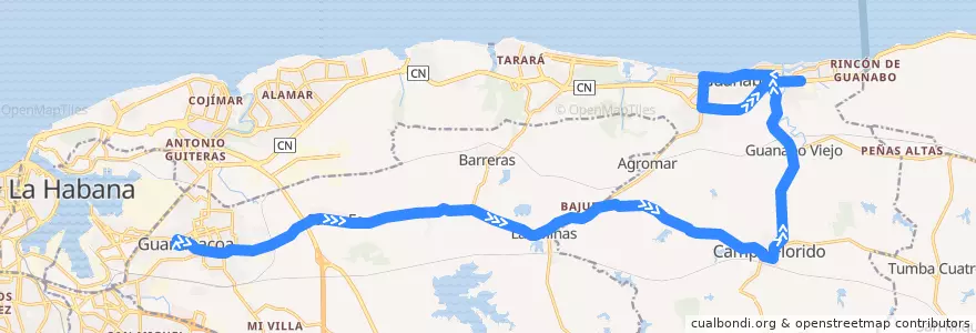 Mapa del recorrido Ruta A64 Guanabacoa => Guanabo de la línea  en La Habana.
