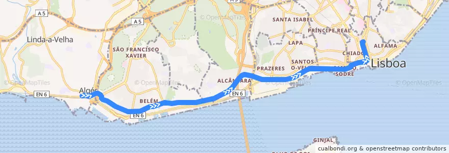 Mapa del recorrido 15E: Algés (Jardim) → Praça da Figueira de la línea  en Grande Lisboa.