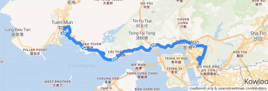 Mapa del recorrido 九巴61M線 KMB 61M (友愛（南） Yau Oi (South) → 荔景（北） Lai King (North)) de la línea  en 신제.