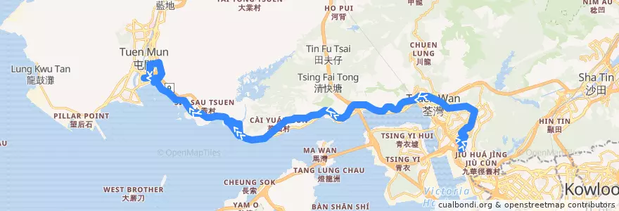 Mapa del recorrido 九巴61M線 KMB 61M (荔景（北） Lai King (North) → 友愛（南） Yau Oi (South)) de la línea  en Nuevos Territorios.