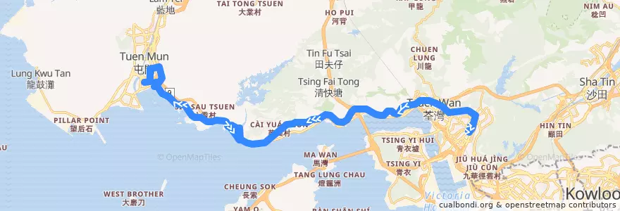 Mapa del recorrido 九巴61M線 KMB 61M (葵興站 Kwai Hing Station → 友愛（南） Yau Oi (South)) de la línea  en 新界 New Territories.