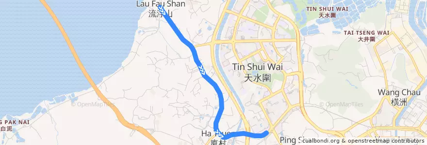 Mapa del recorrido 港鐵巴士K65綫 MTR Bus K65 (流浮山 Lau Fau Shan → 天水圍站 Tin Shui Wai Station) de la línea  en 元朗區 Yuen Long District.