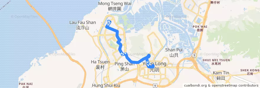Mapa del recorrido 港鐵巴士K73綫 MTR Bus K73 (天恆 Tin Heng → 元朗（西） Yuen Long (West)) de la línea  en 元朗區.