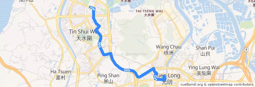 Mapa del recorrido 港鐵巴士K73綫 MTR Bus K73 (天晴 Tin Ching → 元朗（西） Yuen Long (West) (不經朗屏 omit Long Ping)) de la línea  en 元朗區 Yuen Long District.