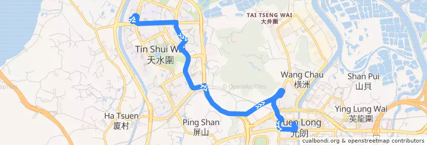 Mapa del recorrido 港鐵巴士K73綫 MTR Bus K73 (天恩 Tin Yan → 元朗（西） Yuen Long (West)) de la línea  en 元朗區 Yuen Long District.