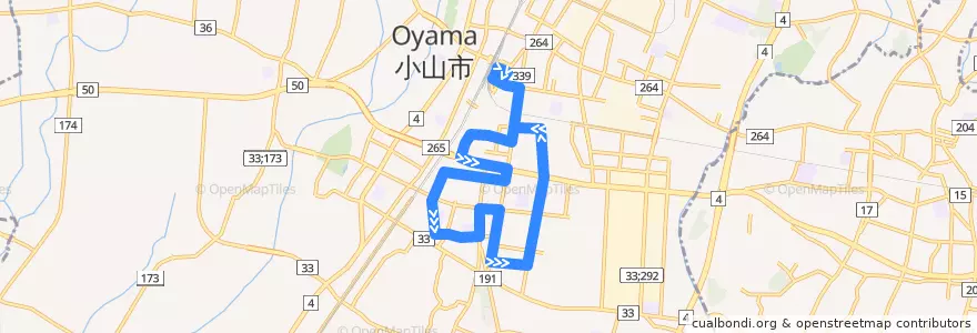 Mapa del recorrido 関東自動車バス 小山駅東口⇒小山駅東口循環 de la línea  en Oyama.