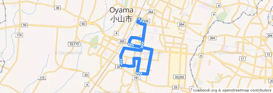 Mapa del recorrido 関東自動車バス 小山駅東口⇒小山駅東口循環（旭小学校非経由） de la línea  en Oyama.