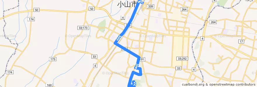 Mapa del recorrido 小山市おーバス新市民病院線 小山駅西口⇒新市民病院 de la línea  en Oyama.