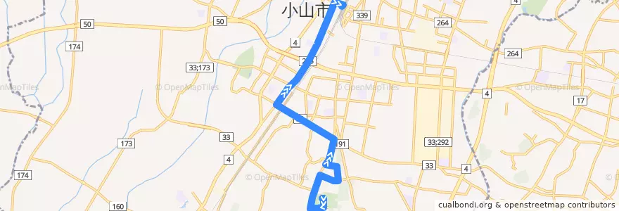 Mapa del recorrido 小山市おーバス新市民病院線 新市民病院⇒小山駅西口 de la línea  en Oyama.