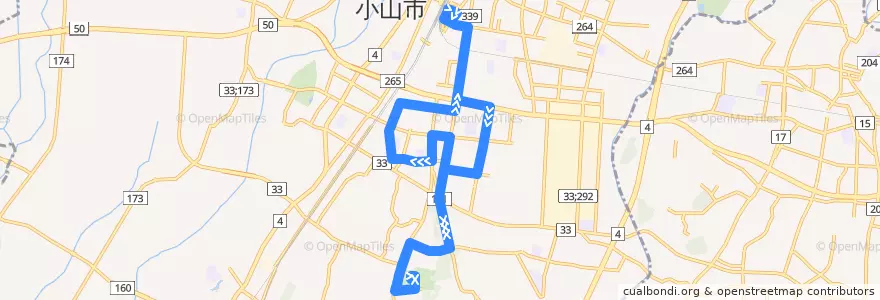 Mapa del recorrido 関東自動車バス 小山駅東口⇒新市民病院循環 de la línea  en 小山市.