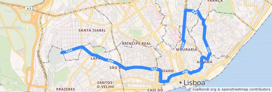 Mapa del recorrido 28E: Martim Moniz → Campo de Ourique (Prazeres) de la línea  en Лиссабон.