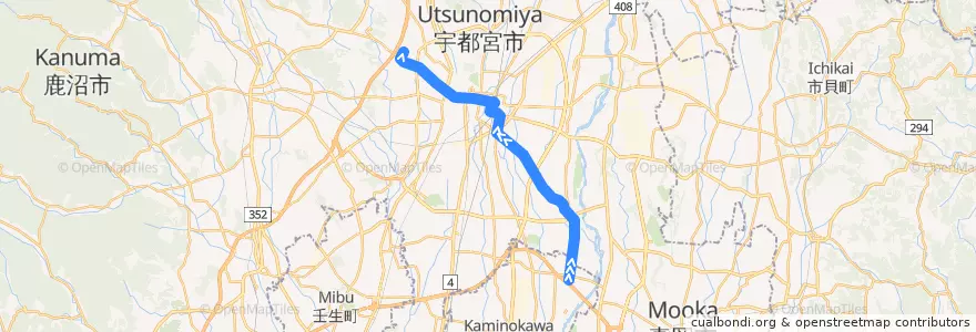 Mapa del recorrido 関東自動車バス[10] 東汗⇒駒生営業所 de la línea  en Utsunomiya.