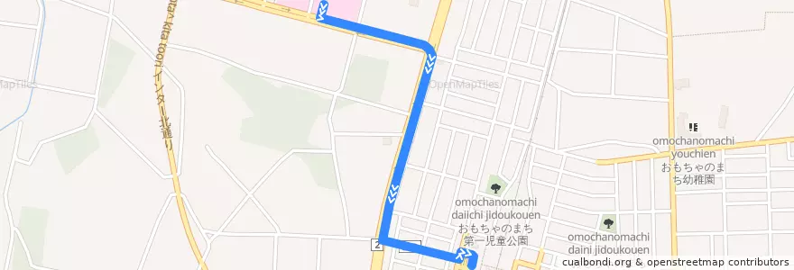 Mapa del recorrido 関東自動車バス 独協医大病院⇒おもちゃのまち駅 de la línea  en 壬生町.