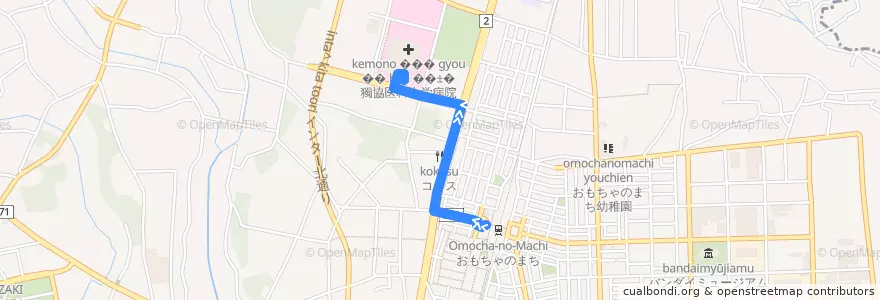 Mapa del recorrido 関東自動車バス おもちゃのまち駅⇒独協医大病院 de la línea  en Mibu.