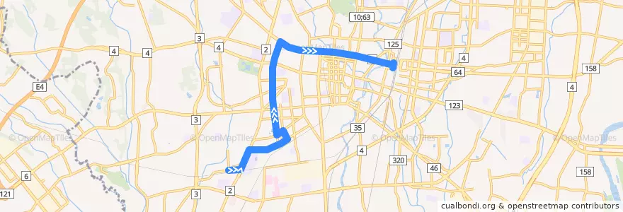 Mapa del recorrido 鶴田駅⇒陽西通り⇒宇都宮駅 de la línea  en Utsunomiya.