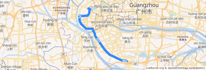 Mapa del recorrido 9路(西华路尾总站-海珠客运站总站) de la línea  en Гуанчжоу.