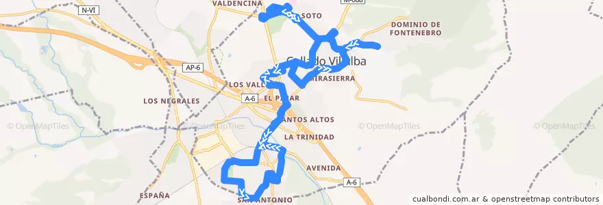 Mapa del recorrido Bus L1: FFCC-P. Coruña- Los Valles-Villalba Pueblo-Urbanizaciones de la línea  en Cuenca del Guadarrama.