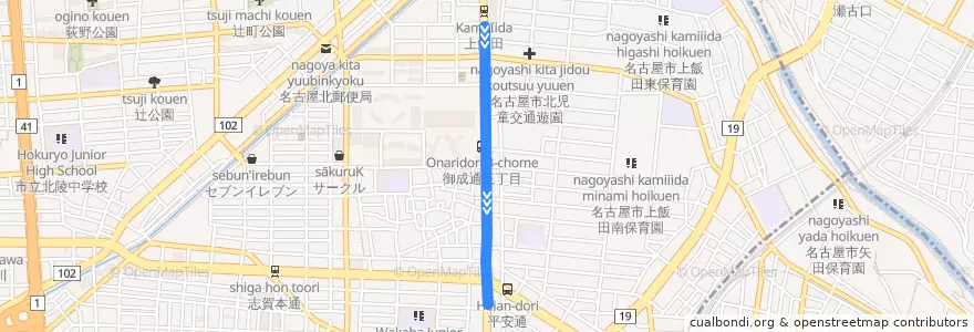 Mapa del recorrido 名古屋市営上飯田線 de la línea  en 北区.