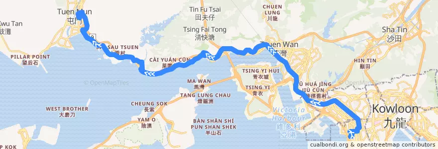 Mapa del recorrido 九巴52X線 KMB 52X (旺角（柏景灣） Mong Kok (Park Avenue) → 屯門市中心 Tuen Mun Central) de la línea  en Nuovi Territori.