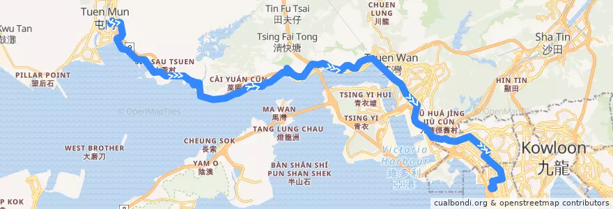 Mapa del recorrido 九巴52X線 KMB 52X (屯門市中心 Tuen Mun Central → 旺角（柏景灣） Mong Kok (Park Avenue)) de la línea  en Новые Территории.