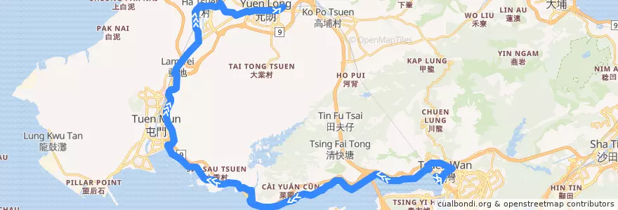 Mapa del recorrido 九巴53線 KMB 53 (荃灣西站 Tsuen Wan West Station → 元朗站 Yuen Long Station) de la línea  en 新界 New Territories.