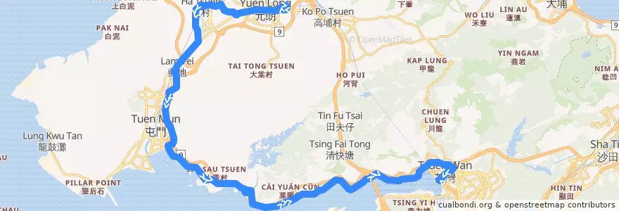 Mapa del recorrido 九巴53線 KMB 53 (元朗站 Yuen Long Station → 荃灣西站 Tsuen Wan West Station) de la línea  en 新界 New Territories.