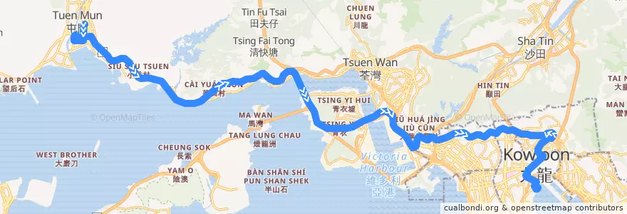 Mapa del recorrido 九巴61X線 KMB 61X (屯門市中心 Tuen Mun Central → 九龍城碼頭 Kowloon City Ferry) de la línea  en New Territories.