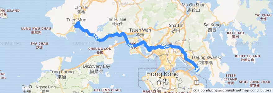 Mapa del recorrido 九巴62X線 KMB 62X (鯉魚門邨 Lei Yue Mun Estate → 屯門市中心 Tuen Mun Central) de la línea  en Nuevos Territorios.