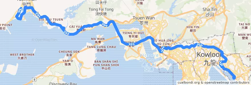 Mapa del recorrido 九巴259X線 KMB 259X (龍門居 Lung Mun Oasis → 觀塘碼頭 Kwun Tong Ferry) de la línea  en 新界.