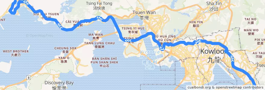 Mapa del recorrido 九巴259D線 KMB 259D (鯉魚門邨 Lei Yue Mun Estate → 龍門居 Lung Mun Oasis (不經屯門市中心 omit Tuen Mun Central)) de la línea  en Nuovi Territori.