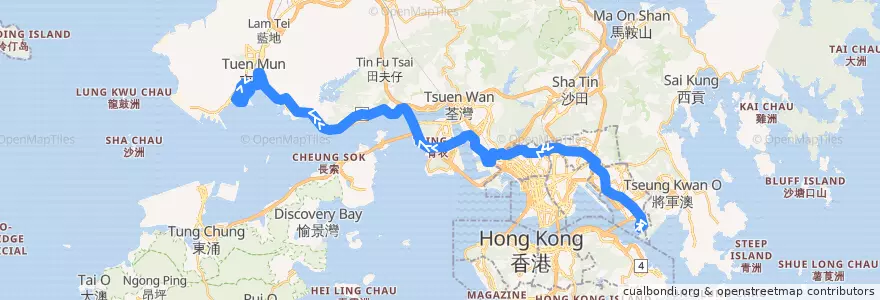 Mapa del recorrido 九巴259D線 KMB 259D (鯉魚門邨 Lei Yue Mun Estate → 龍門居 Lung Mun Oasis (經屯門市中心 via Tuen Mun Central)) de la línea  en 新界 New Territories.
