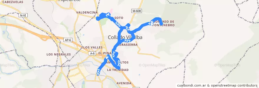 Mapa del recorrido Bus L6: FFCC-Cantos Altos-Pueblo-Arroyo Arriba-FFCC de la línea  en Collado Villalba.