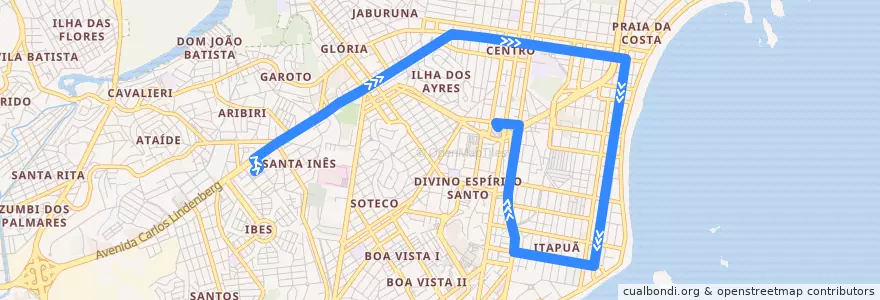 Mapa del recorrido 650 - Termnial de Vila Velha/Terminal do IBES - via Praia de Itapoã de la línea  en Vila Velha.
