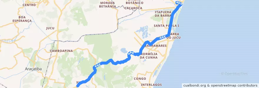 Mapa del recorrido 657 - Xuri/Terminal de Itaparica - via Barramares de la línea  en Vila Velha.